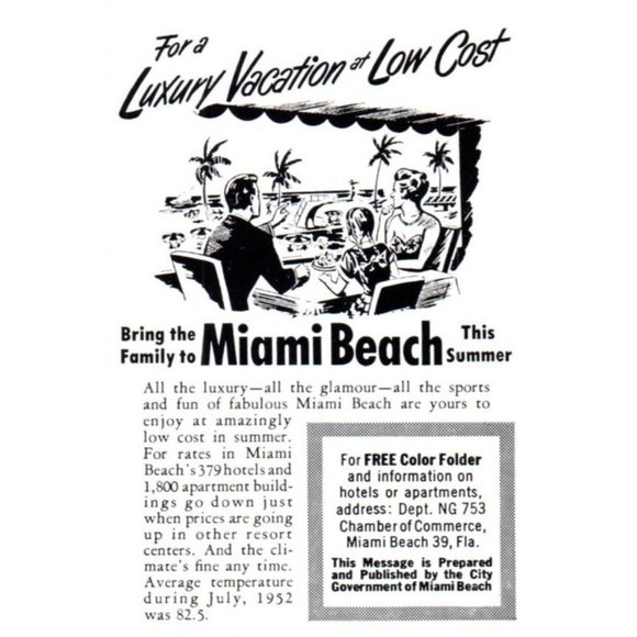 1953 Miami Beach Luxury Vacation Vintage Print Ad Dinner Restaurant Cartoon Art - Picture 1 of 2